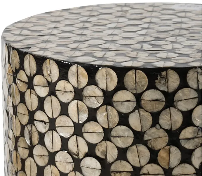 20 Inch Stool Table, Round Wood Design, Modern, Capiz Inlay, Black, White - Benzara