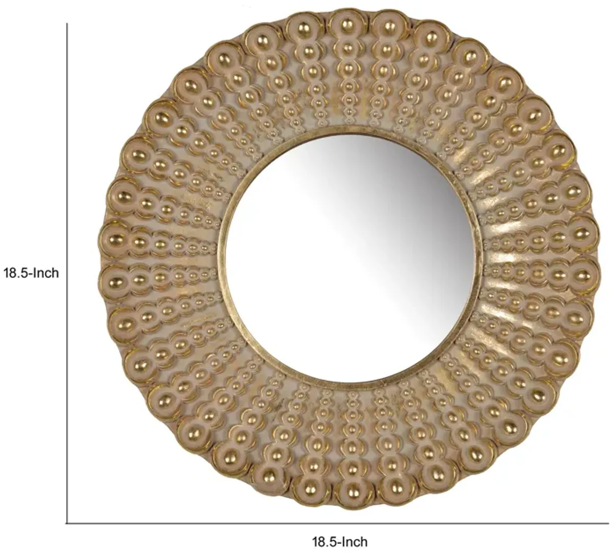 19 Inch Wall Mirror, Beaded Sunburst Design, Gold Finished Metal Frame-Benzara