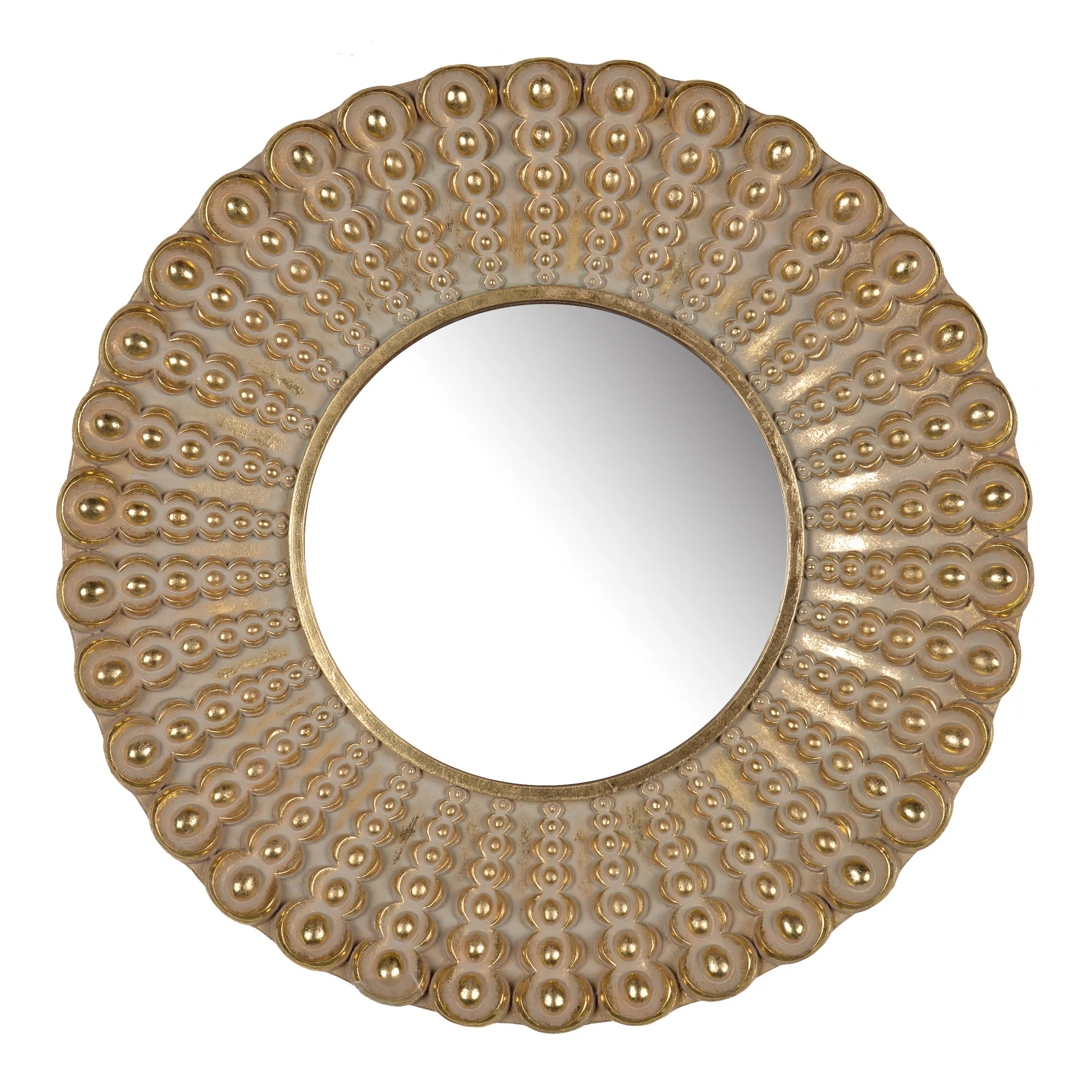 19 Inch Wall Mirror, Beaded Sunburst Design, Gold Finished Metal Frame-Benzara