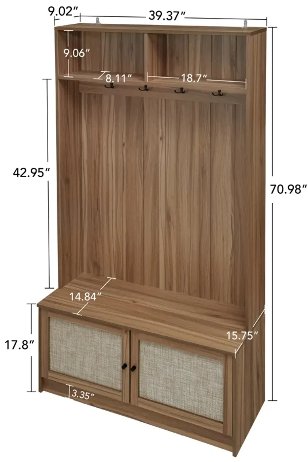 Hall Tree with Bench and Shoe Cabinet,Multifunctional Storage Bench with Rattan Doors,Entryway Wood Tall Storage Cabinet with top Storage,4-in-1 Hallway Organizer with 4 Hanging Hooks