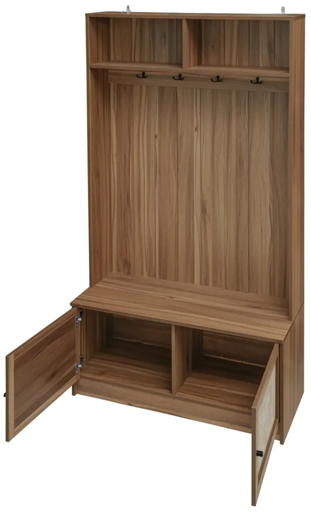 Hall Tree with Bench and Shoe Cabinet,Multifunctional Storage Bench with Rattan Doors,Entryway Wood Tall Storage Cabinet with top Storage,4-in-1 Hallway Organizer with 4 Hanging Hooks