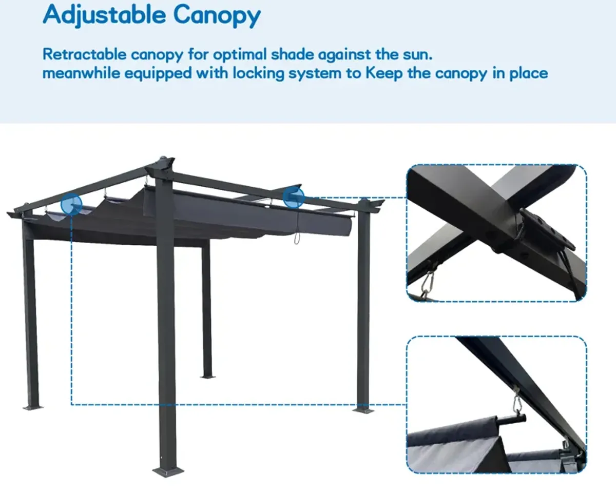 10x10 Ft Outdoor Patio Retractable Pergola with Canopy - Sunshelter for Gardens, Terraces, Backyard