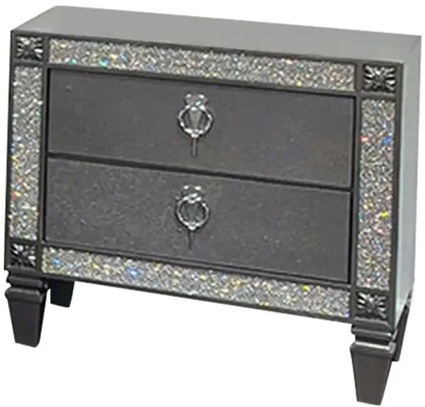 Laine Nightstand, 2 Drawers, Crystal Like Acrylic Trim, Gray Solid Wood - Benzara