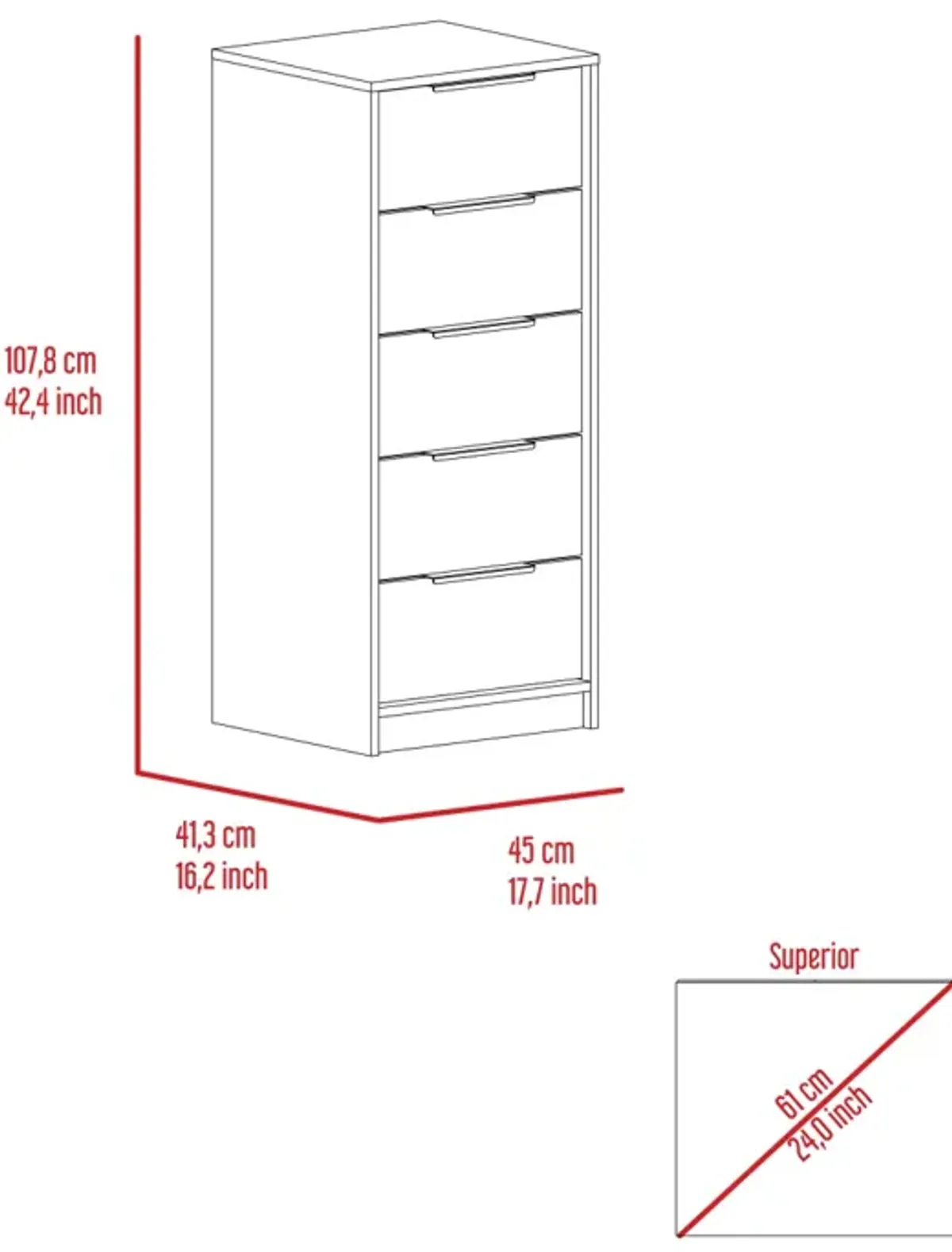 Kaia 5 Drawer Dresser, Vertical Dresser - Smokey Oak White