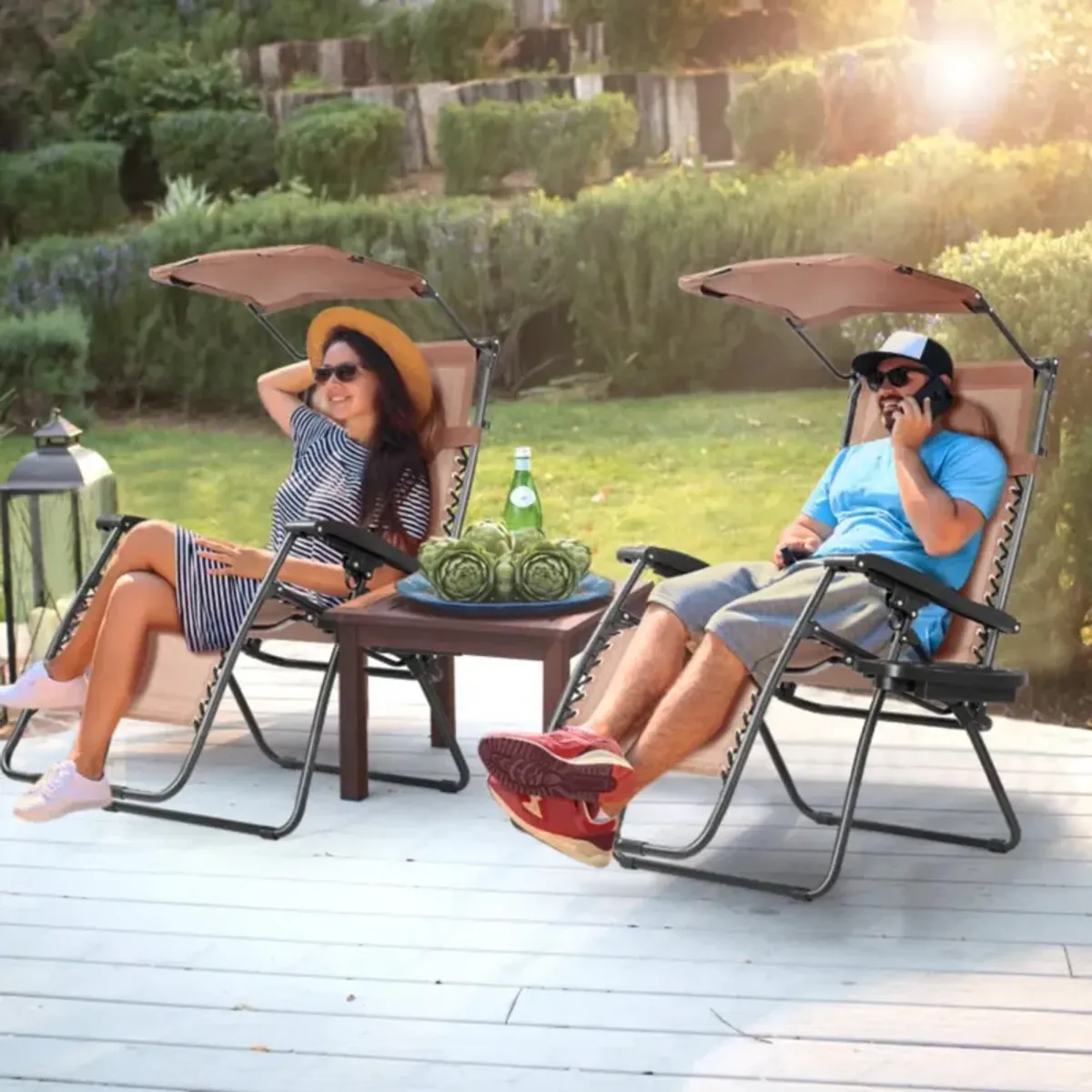 Hivvago Folding Recliner Lounge Chair with Shade Canopy Cup Holder