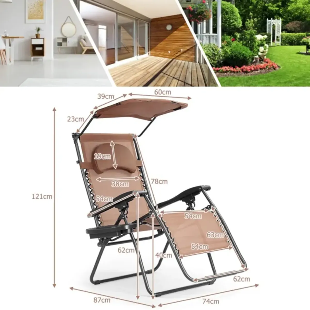 Hivvago Folding Recliner Lounge Chair with Shade Canopy Cup Holder