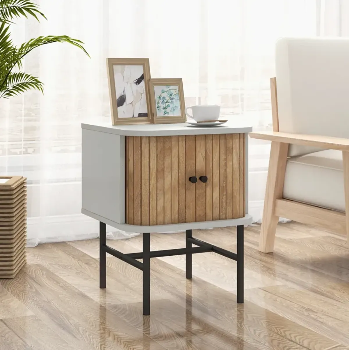 Mid-century Modern Nightstand with Sliding Doors and Storage Cabinet