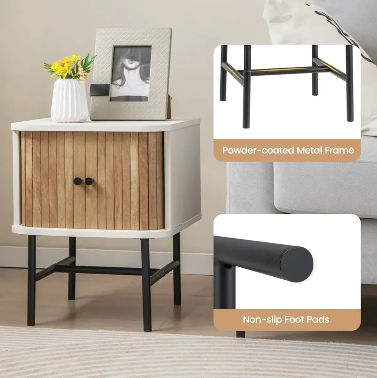 Mid-century Modern Nightstand with Sliding Doors and Storage Cabinet