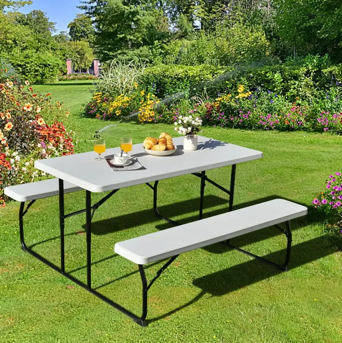 Indoor and Outdoor Folding Picnic Table Bench Set with Wood-like Texture