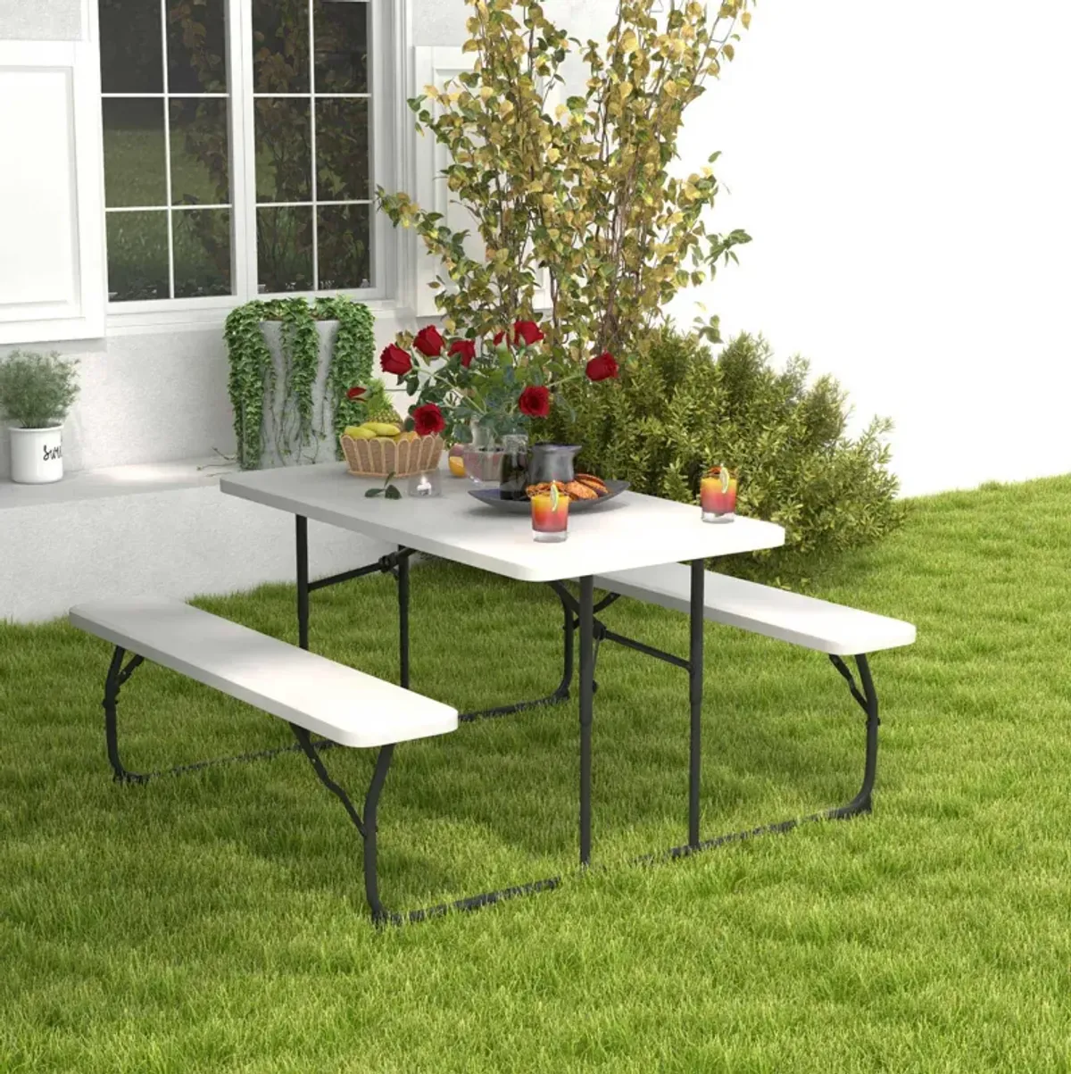 Indoor and Outdoor Folding Picnic Table Bench Set with Wood-like Texture