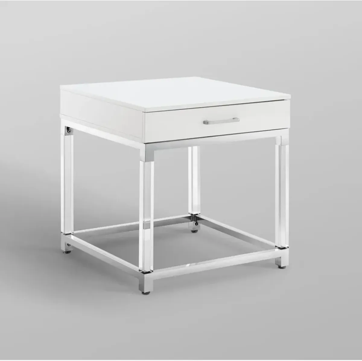 Inspired Home Kalel High Gloss 1 Drawer End Table with Acrylic Legs Stainless Steel Base