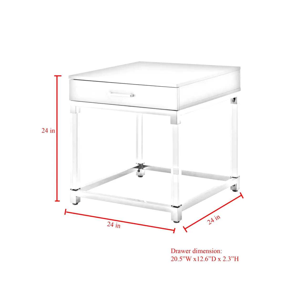 Inspired Home Kalel High Gloss 1 Drawer End Table with Acrylic Legs Stainless Steel Base