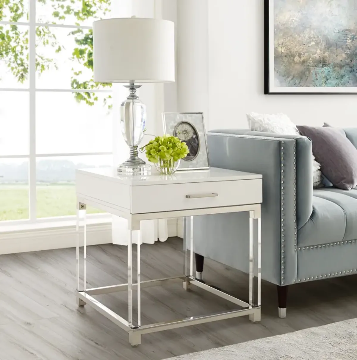 Inspired Home Kalel High Gloss 1 Drawer End Table with Acrylic Legs Stainless Steel Base