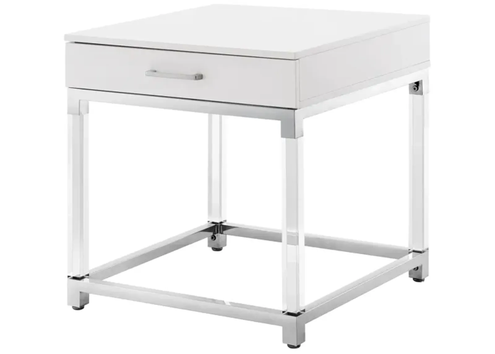 Inspired Home Kalel High Gloss 1 Drawer End Table with Acrylic Legs Stainless Steel Base