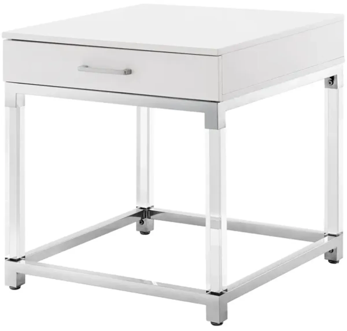 Inspired Home Kalel High Gloss 1 Drawer End Table with Acrylic Legs Stainless Steel Base