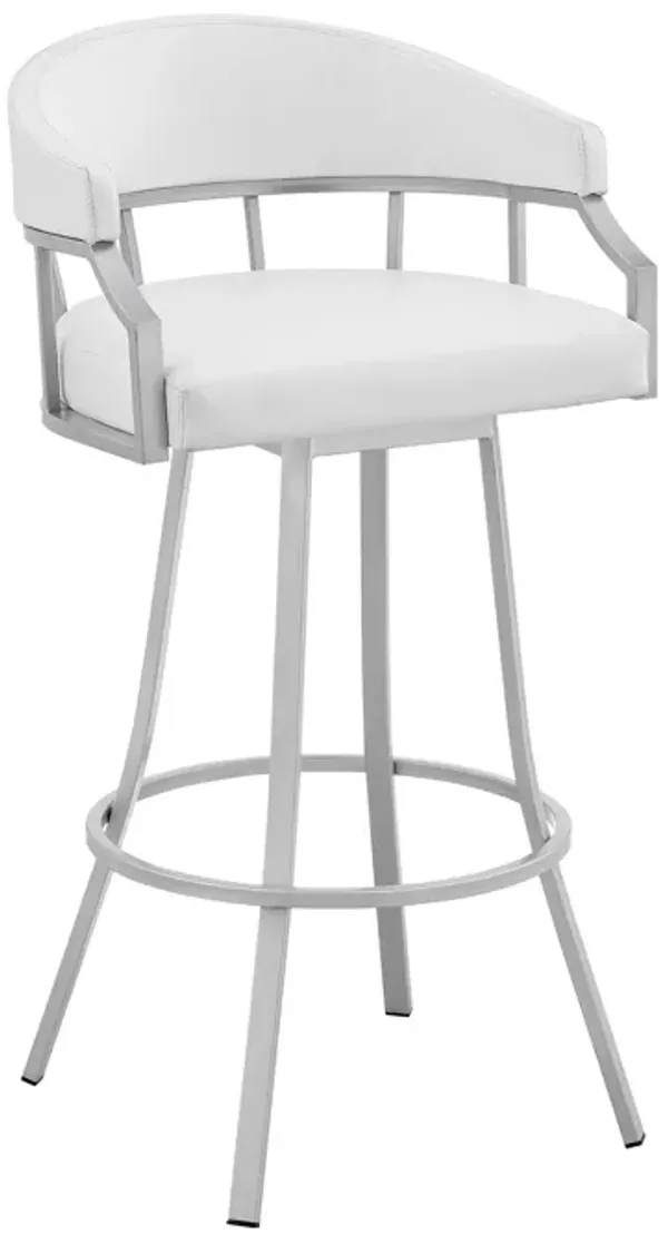 30 Inch Swivel Vegan Faux Leather Curved Bar Stool, White-Benzara