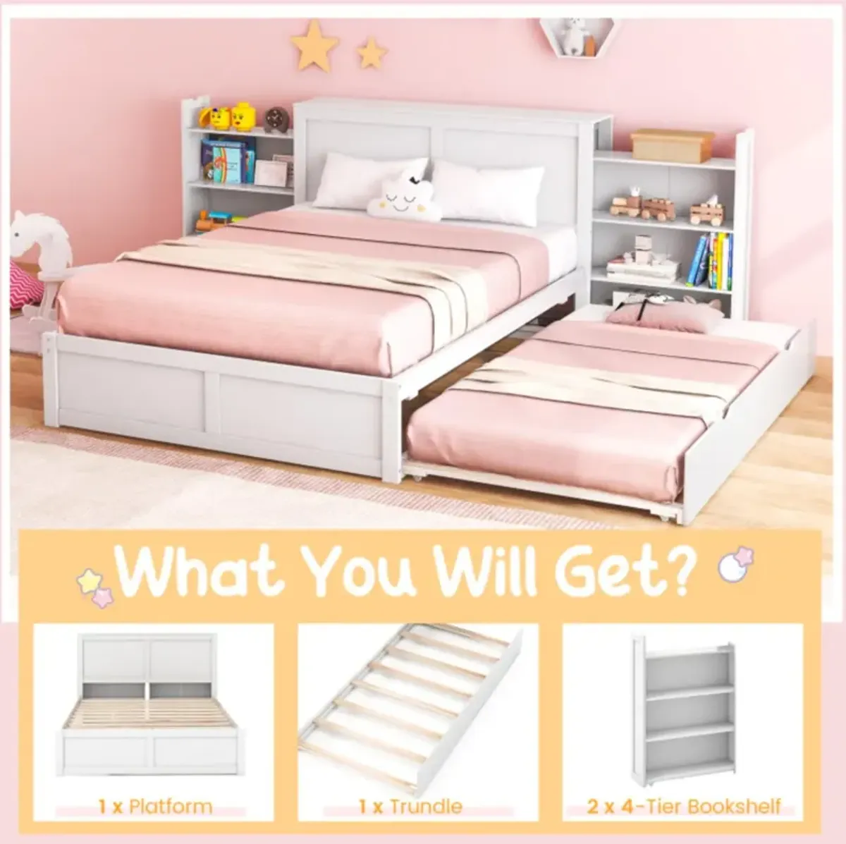 Hivvago Kids Wooden Platform Bed with Trundle Storage Headboard