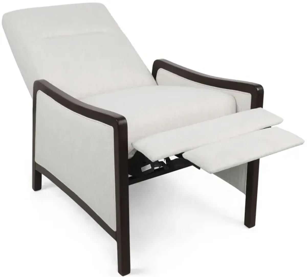 Reina Recliner Chair with Push-Back, Brown Birch Wood, Beige Fabric - Benzara