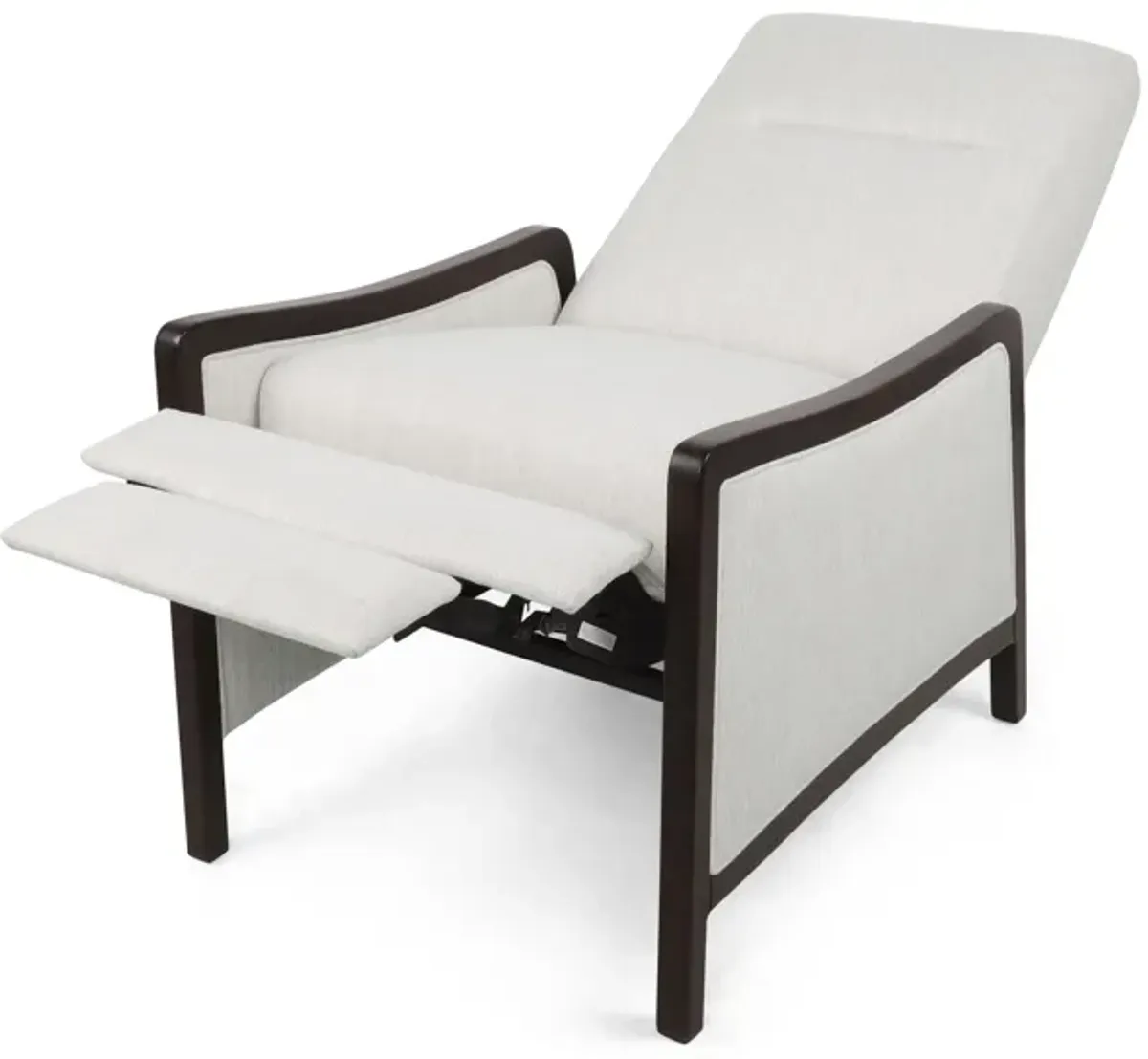 Reina Recliner Chair with Push-Back, Brown Birch Wood, Beige Fabric - Benzara