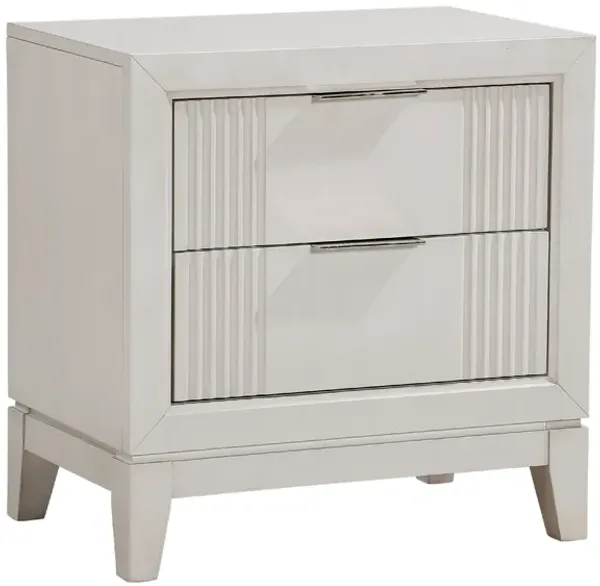 Flo Nightstand, 2 Drawers, Antique White Wood, Chrome Edge Handles - Benzara