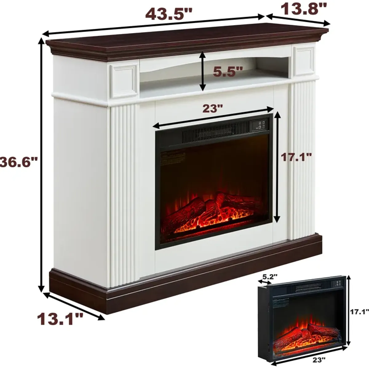 Gewnee Electric fireplace with mantel shelf, freestanding fireplace heater with LED flame, 23-inch fireplace insert in firebox for bedroom and living room