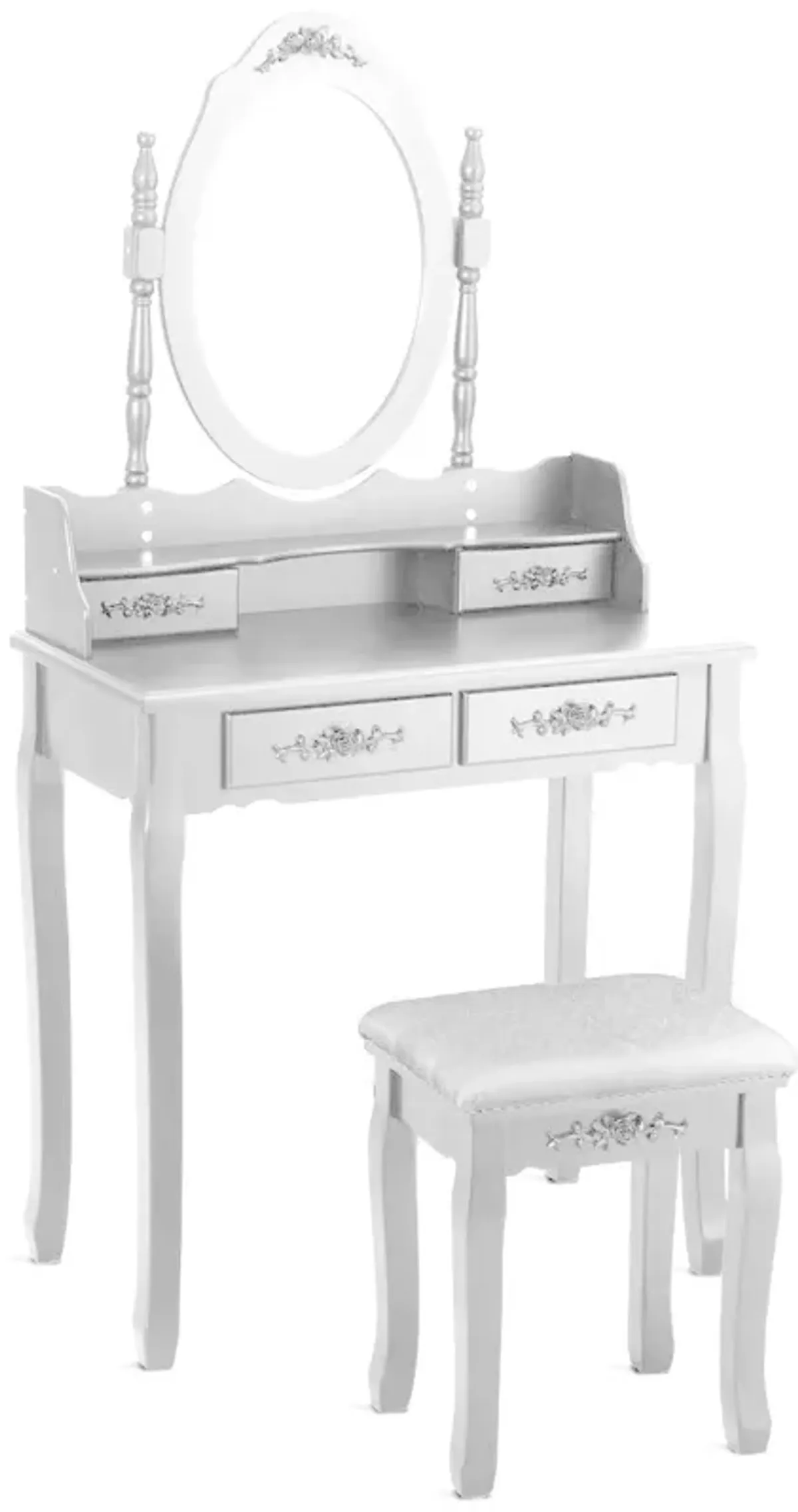 Wood Vanity Table Set with Oval Mirror and 4 Drawers for Kids Girls Women