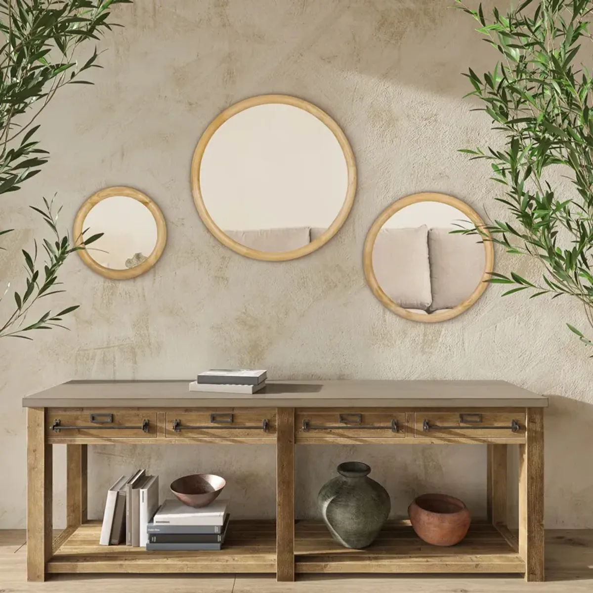 Natural Wood Decor: Set of 3 Modern Round Wall Mirrors