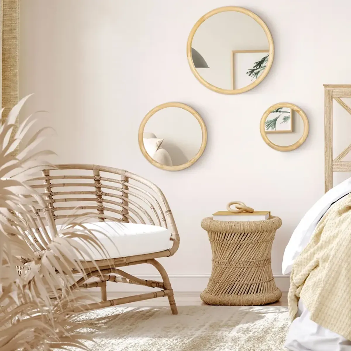 Natural Wood Decor: Set of 3 Modern Round Wall Mirrors