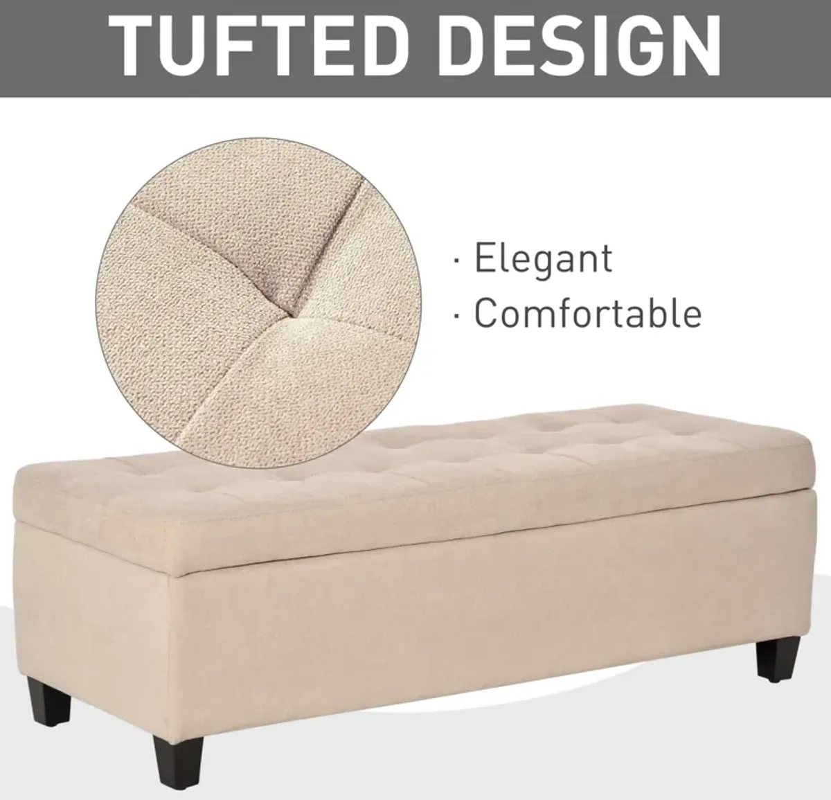 Elegant Beige Organizer: 49" Tufted Linen Ottoman Bench with Soft Close