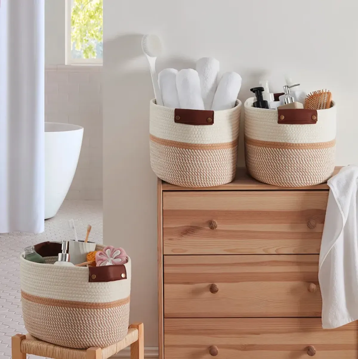 3 Pack Woven Cotton Rope Shelf Storage Basket with Leather Handles