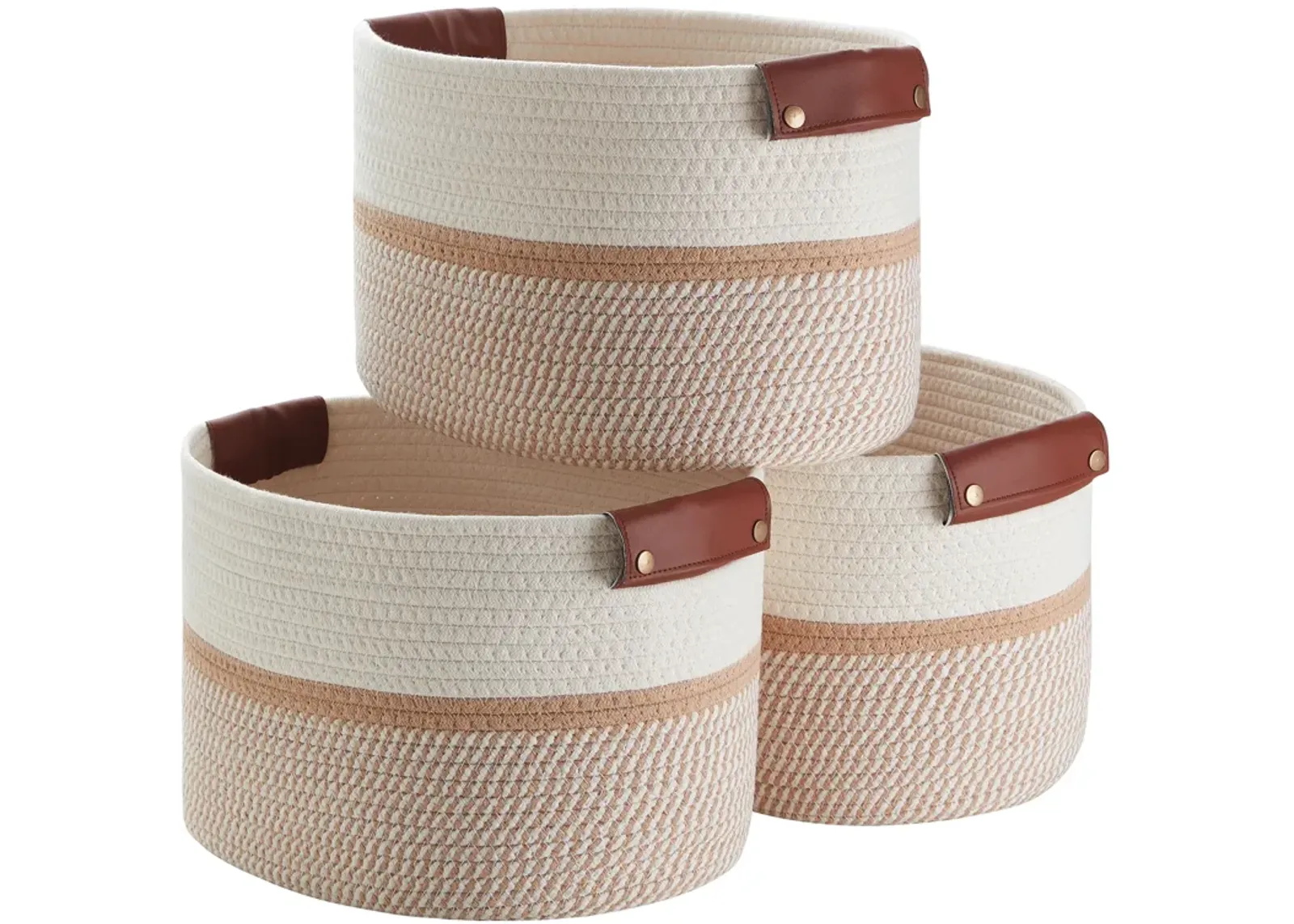 3 Pack Woven Cotton Rope Shelf Storage Basket with Leather Handles