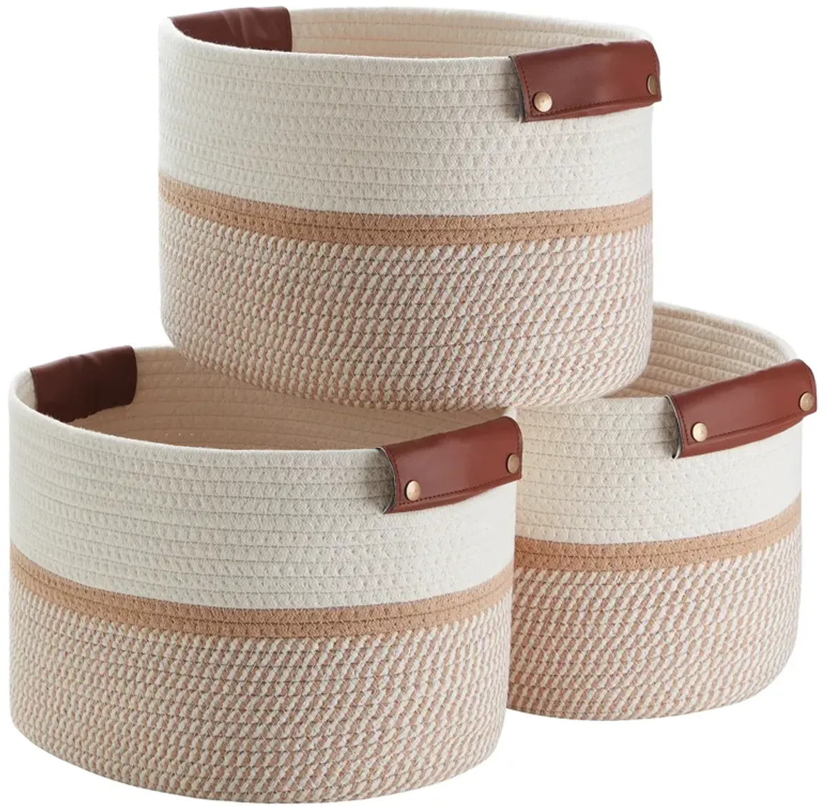 3 Pack Woven Cotton Rope Shelf Storage Basket with Leather Handles