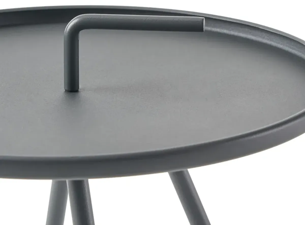 Nigel Outdoor Round Side Table, 20 Inch Tray Top w Handle, Gray Metal - Benzara