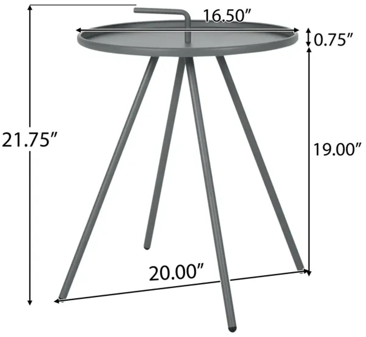 Nigel Outdoor Round Side Table, 20 Inch Tray Top w Handle, Gray Metal - Benzara