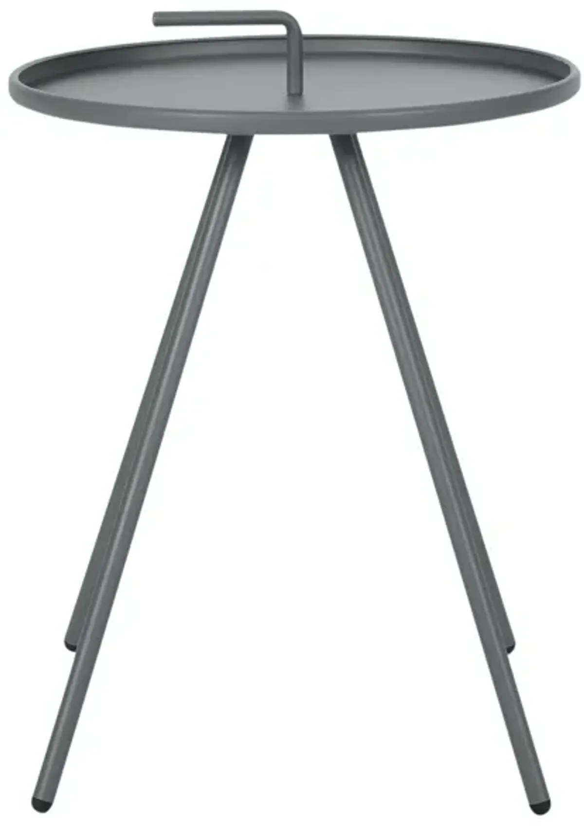 Nigel Outdoor Round Side Table, 20 Inch Tray Top w Handle, Gray Metal - Benzara