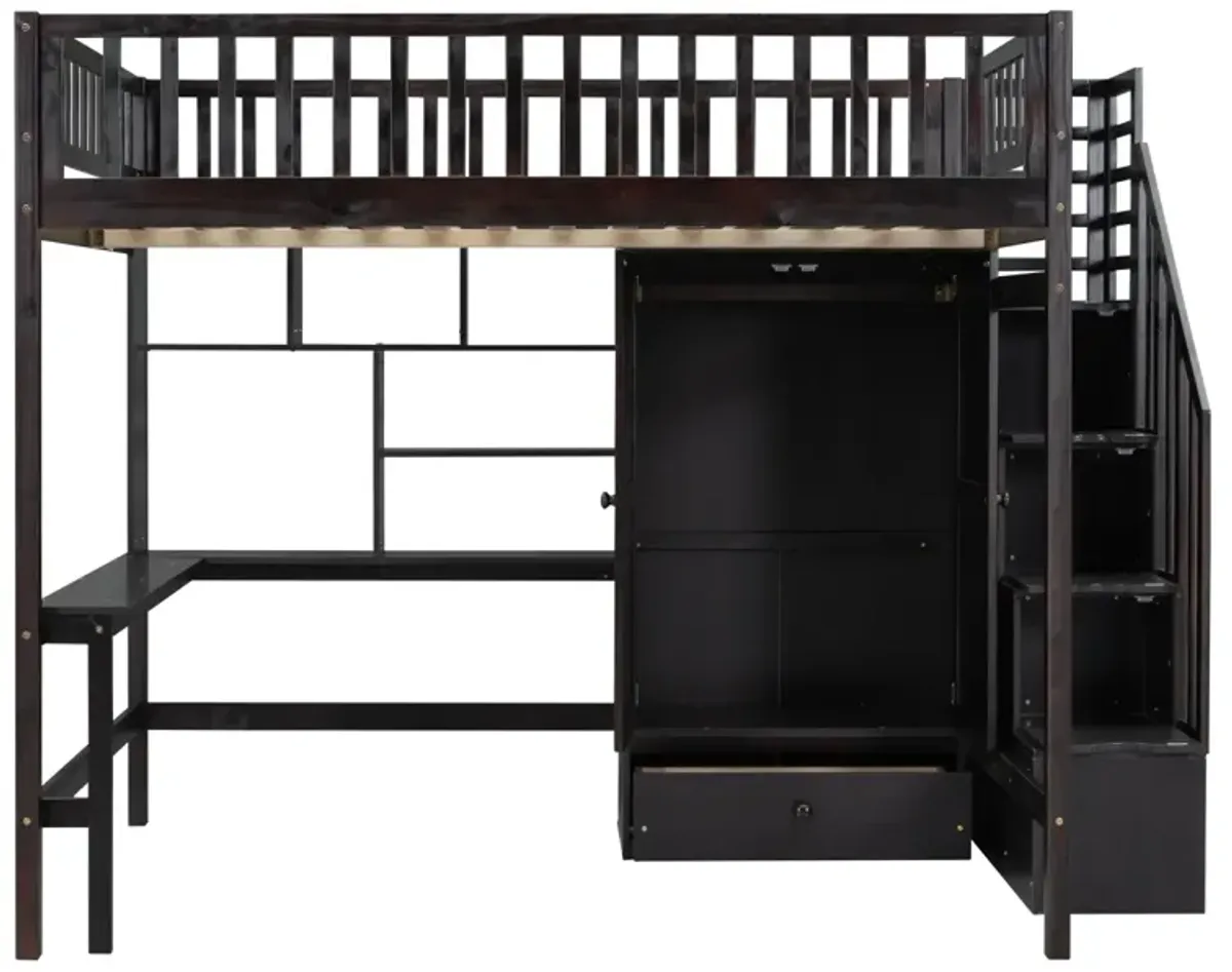 Full Size Loft Bed With Bookshelf, Drawers, Desk, And Wardrobe Espresso