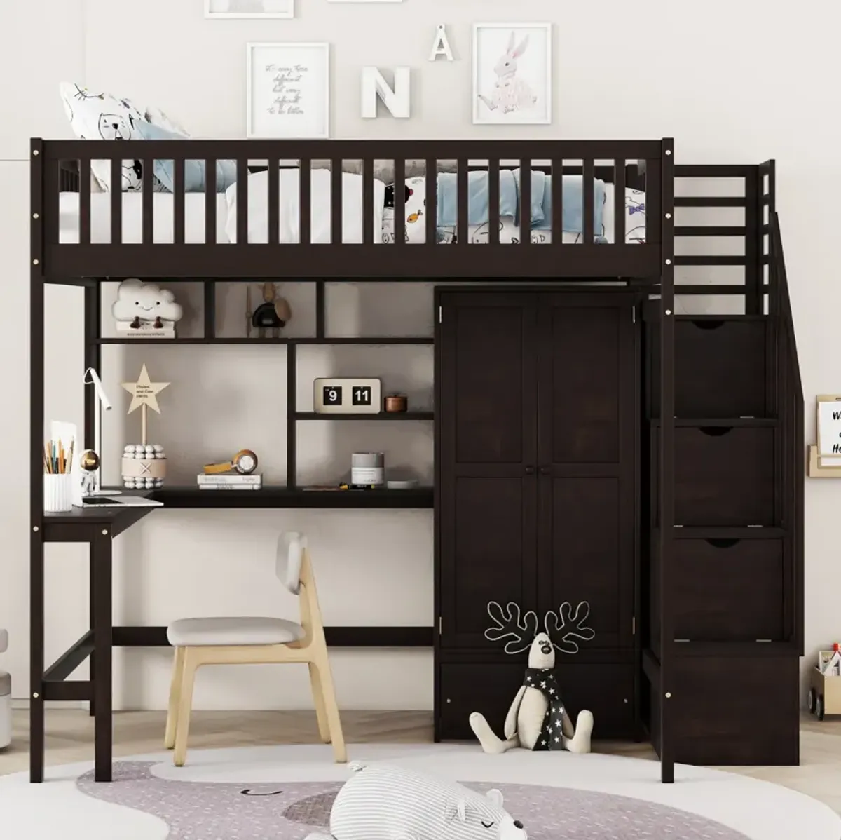 Full Size Loft Bed With Bookshelf, Drawers, Desk, And Wardrobe Espresso