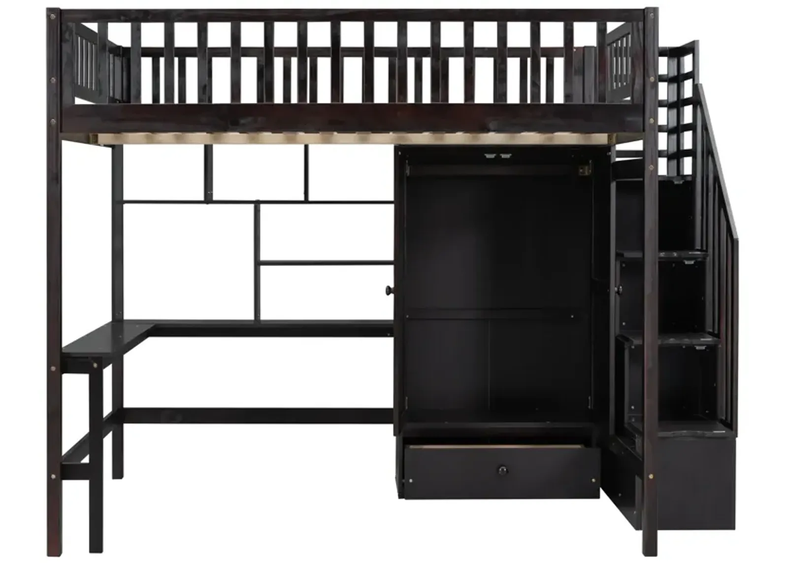 Full Size Loft Bed With Bookshelf, Drawers, Desk, And Wardrobe Espresso