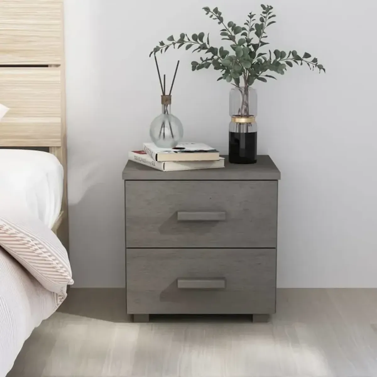 Bedside Cabinet HAMAR Light Gray 15.7"x13.8"x17.5" Solid Pinewood