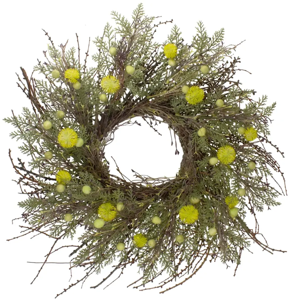 Burrs and Craspedia Artificial Twig Wreath  Yellow and Green - 20-Inch