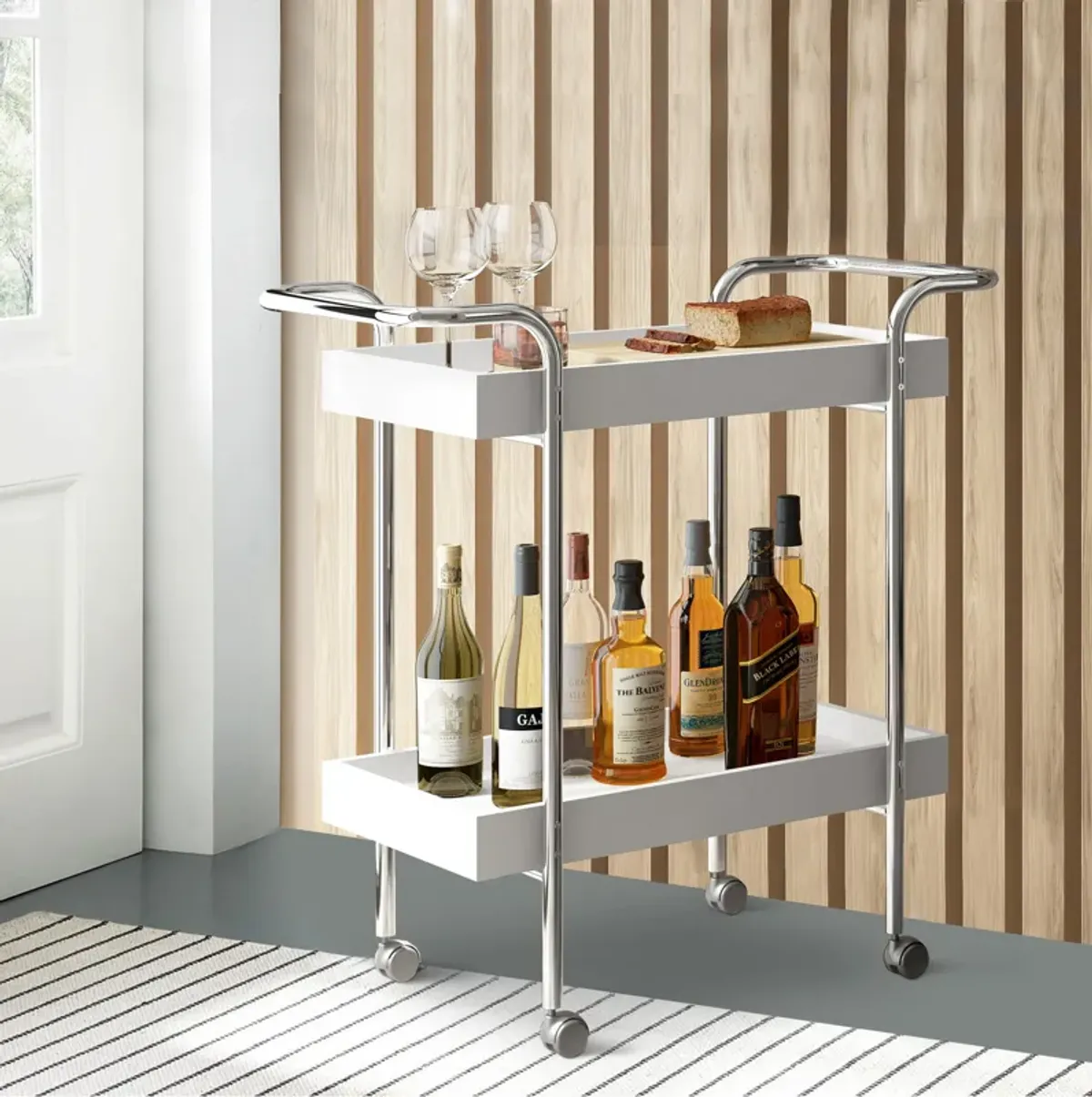 Storage Cart with 2 Tier Design and Metal Frame, White and Chrome-Benzara