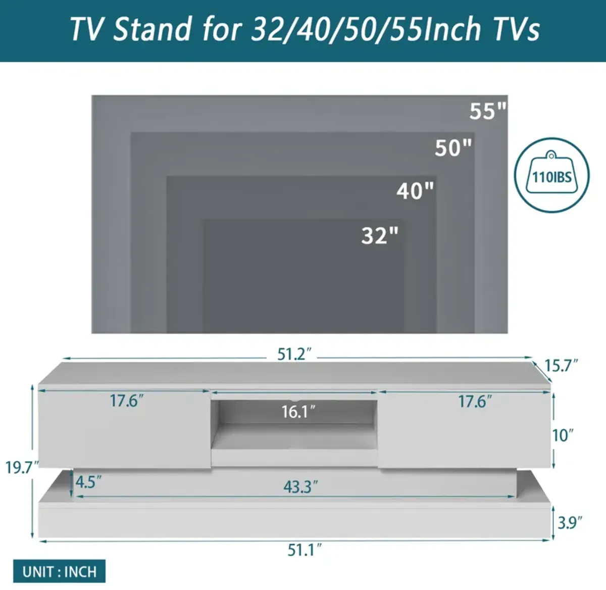 51.18inch Modern TV Stand with LED Lights, High Glossy Front TV Cabinet, can be assembled in Lounge Room, Living Room or Bedroom