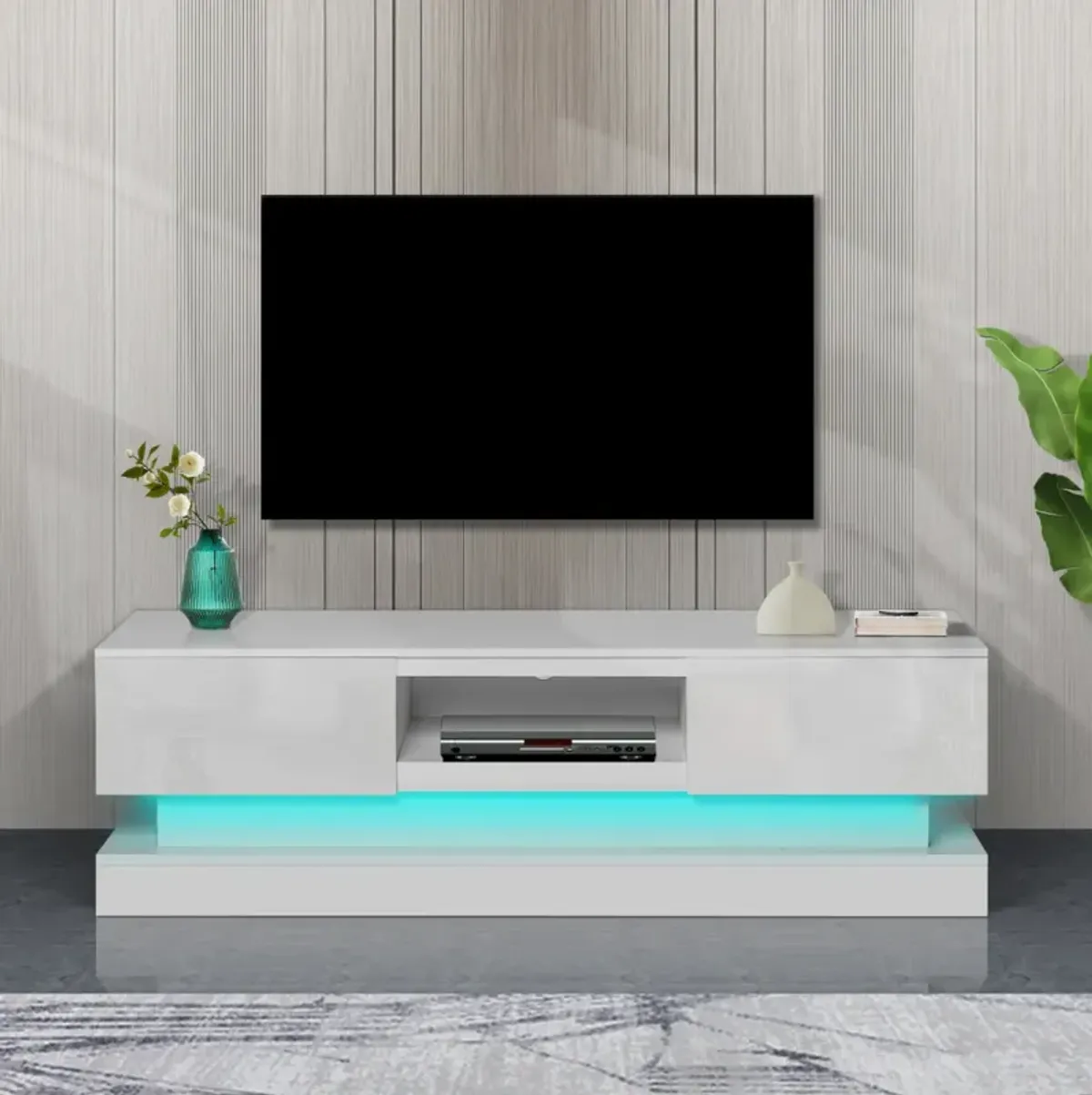 51.18inch Modern TV Stand with LED Lights, High Glossy Front TV Cabinet, can be assembled in Lounge Room, Living Room or Bedroom