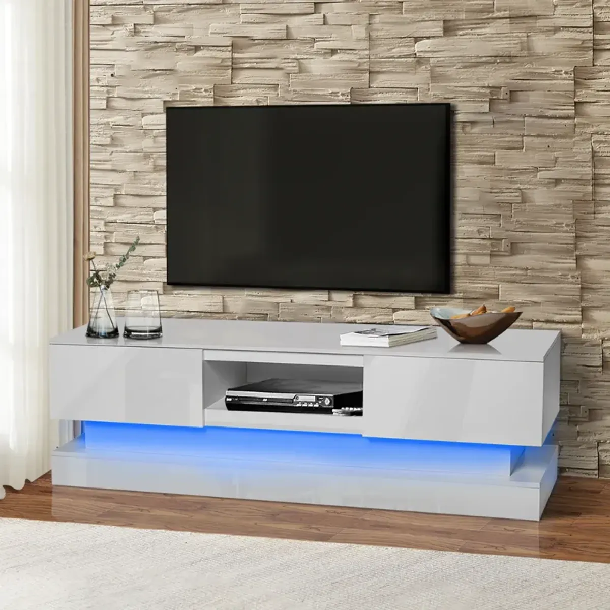 51.18inch Modern TV Stand with LED Lights, High Glossy Front TV Cabinet, can be assembled in Lounge Room, Living Room or Bedroom