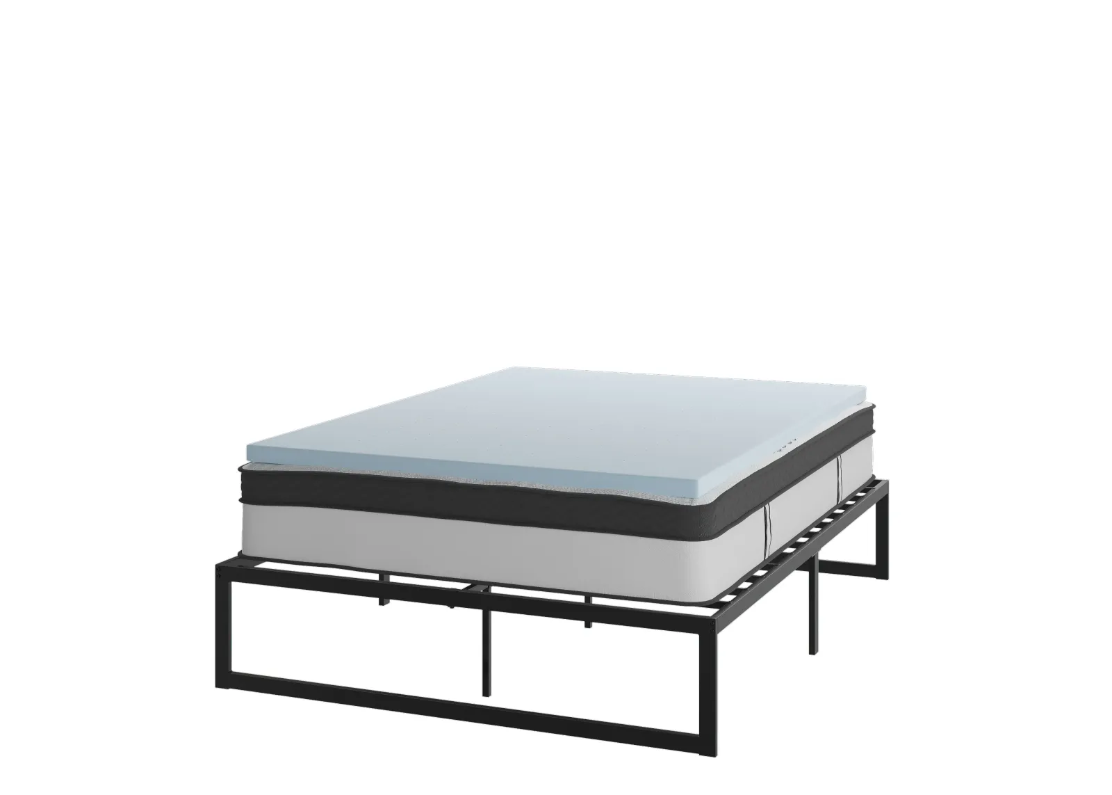 Leo 14 Inch Metal Platform Bed Frame with 12 Inch Pocket Spring Mattress in a Box and 2 Inch Cool Gel Memory Foam Topper - Queen