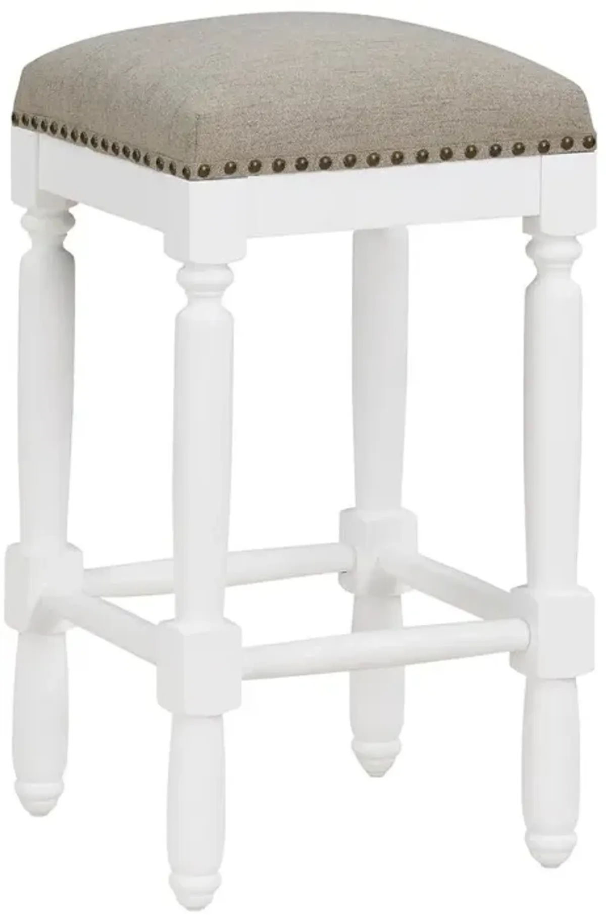 Farmington White Turned Leg Counter Stool with Taupe Upholstered Seat