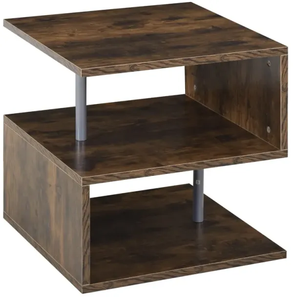 20" Rustic Brown End Table: S-Shaped, Storage Shelf