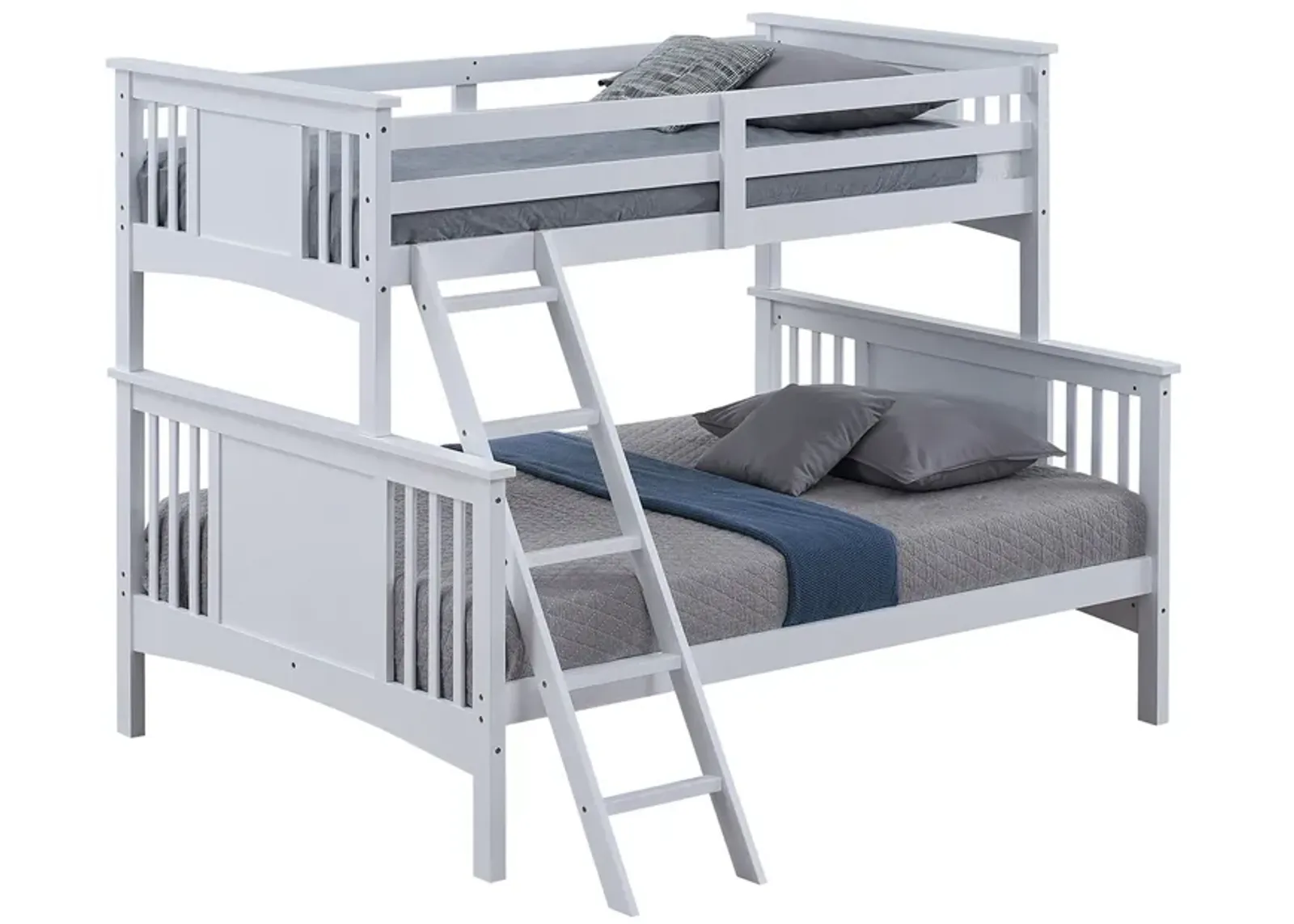 Ricky Twin Over Full Bunk Bed, Angled Ladder, Classic White Solid Hardwood