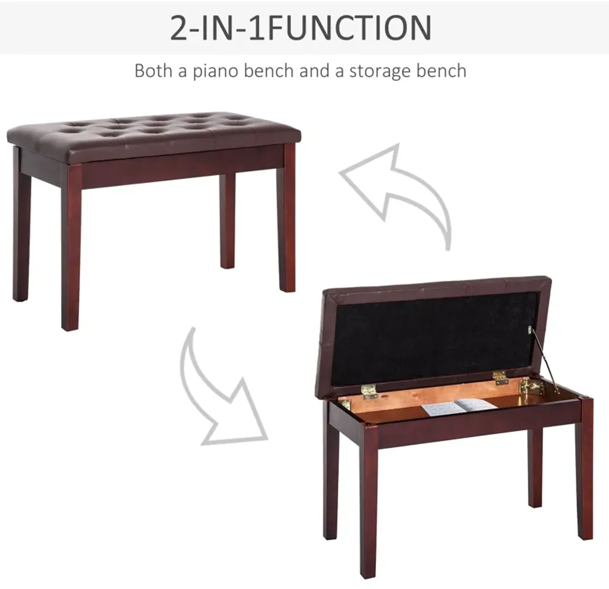 Elegant Duet Perch: Brown Birchwood Piano Bench with Faux Leather for Two