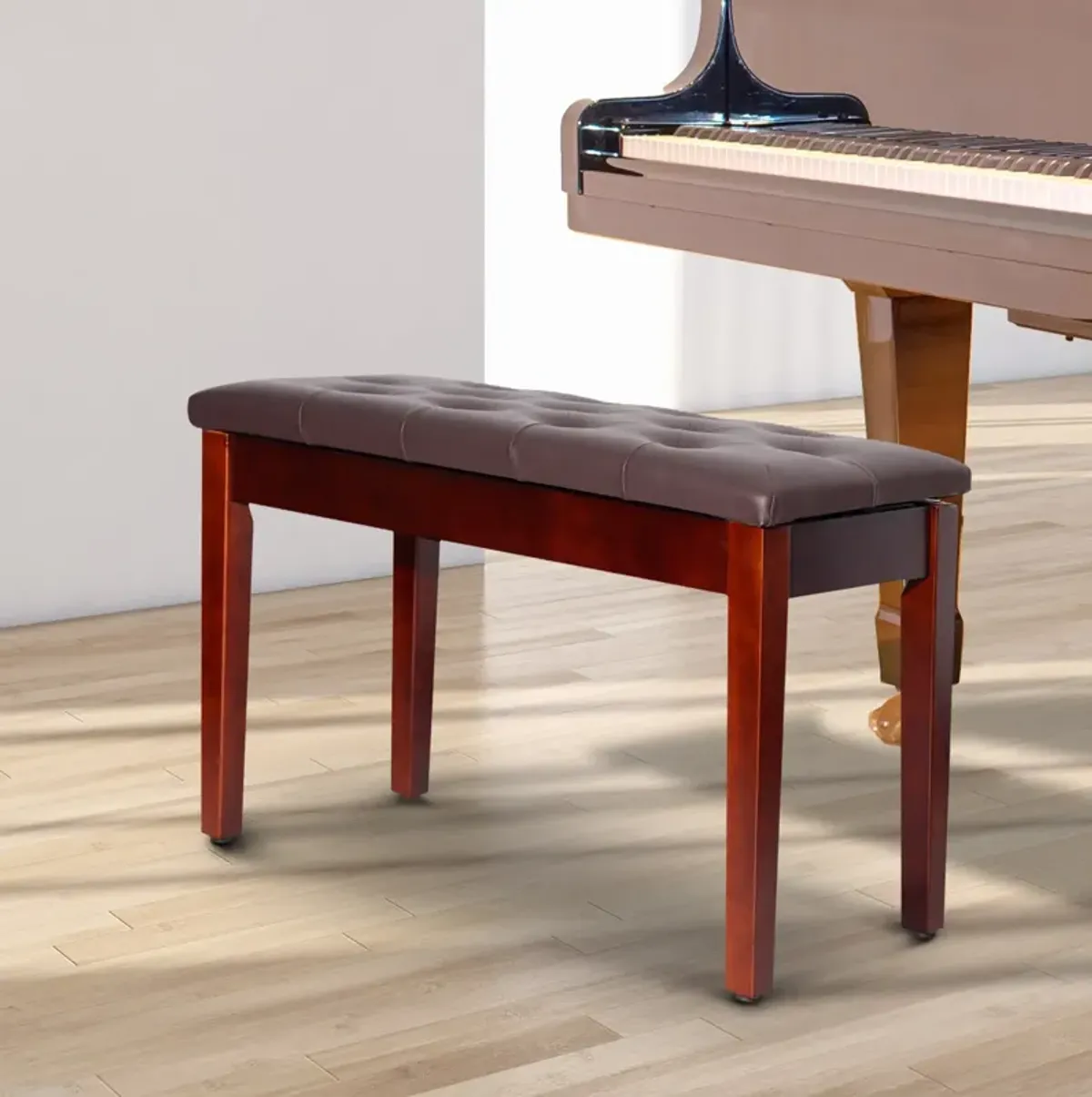 Elegant Duet Perch: Brown Birchwood Piano Bench with Faux Leather for Two